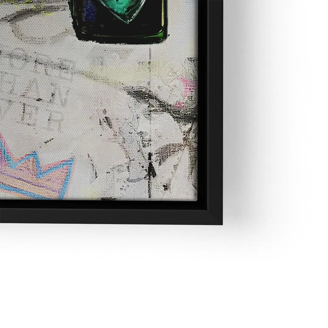 Detail eines modernen Wandbilds mit abstrakter Kunst, weißem Hintergrund und schwarzem Rahmen
