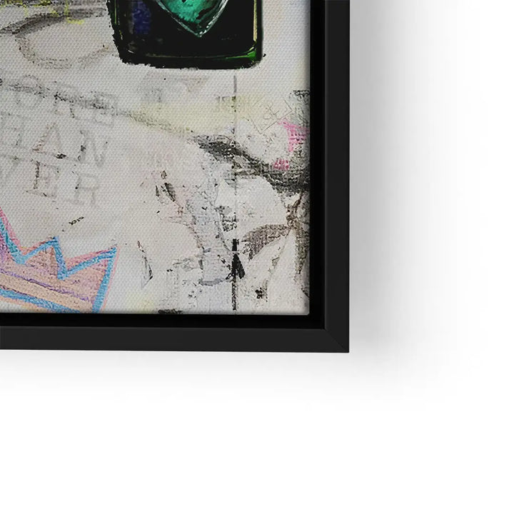 Detail eines modernen Wandbilds mit abstrakter Kunst, weißem Hintergrund und schwarzem Rahmen