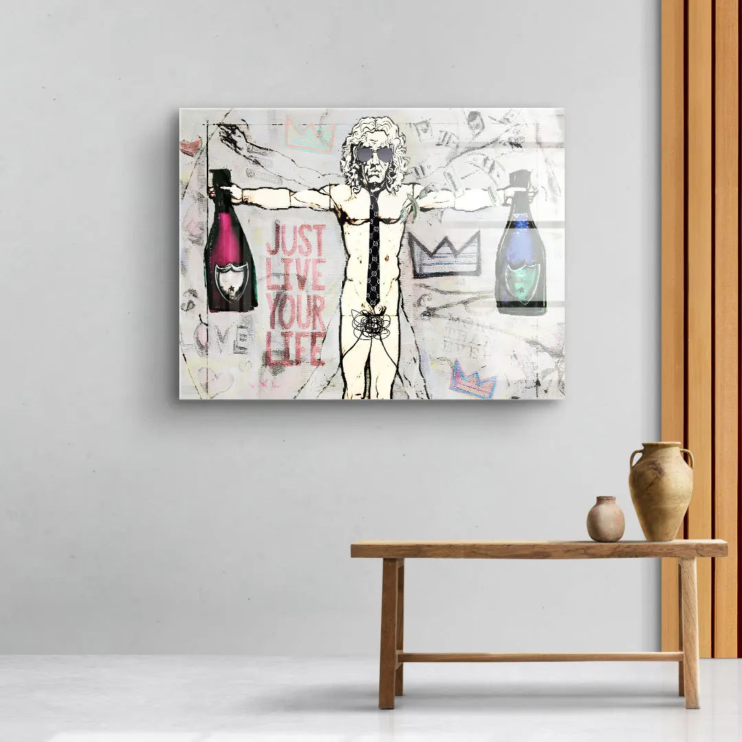 Modernes Wandbild mit da Vinci inspiriertem Vitruvianischen Mensch, Graffiti-Elementen und Champagnerflaschen, stilvolle Kunst für Wohnzimmer.