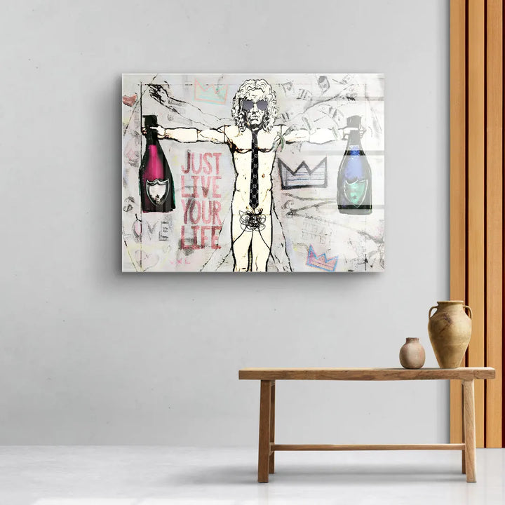 Modernes Wandbild mit da Vinci inspiriertem Vitruvianischen Mensch, Graffiti-Elementen und Champagnerflaschen, stilvolle Kunst für Wohnzimmer.