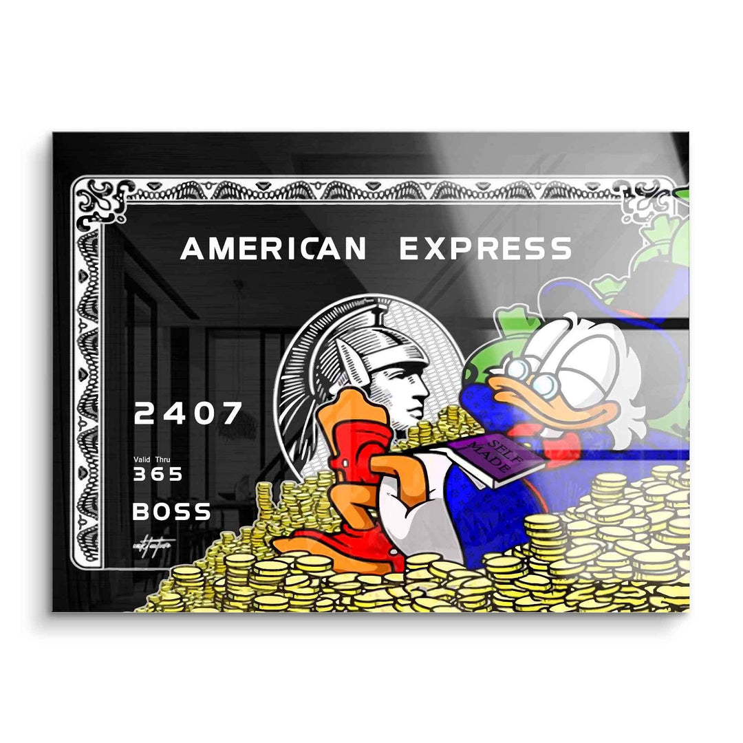 Pop Art Wandbild mit Cartoon-Ente auf American Express Karte und Goldmünzen, Acrylglas