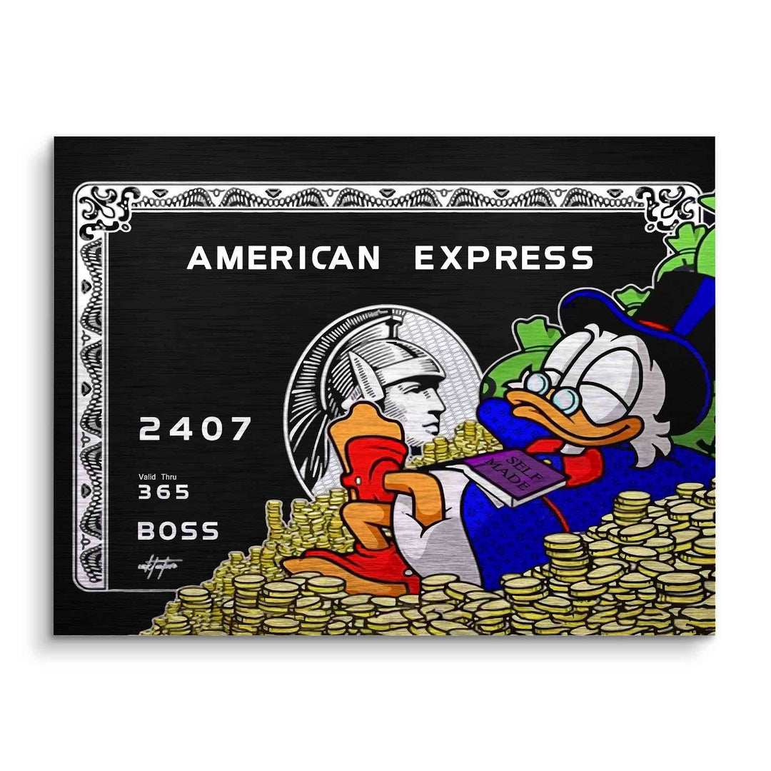 Wandbild mit Cartoon-Ente auf Geldmünzen vor American Express Karte, Pop Art Stil