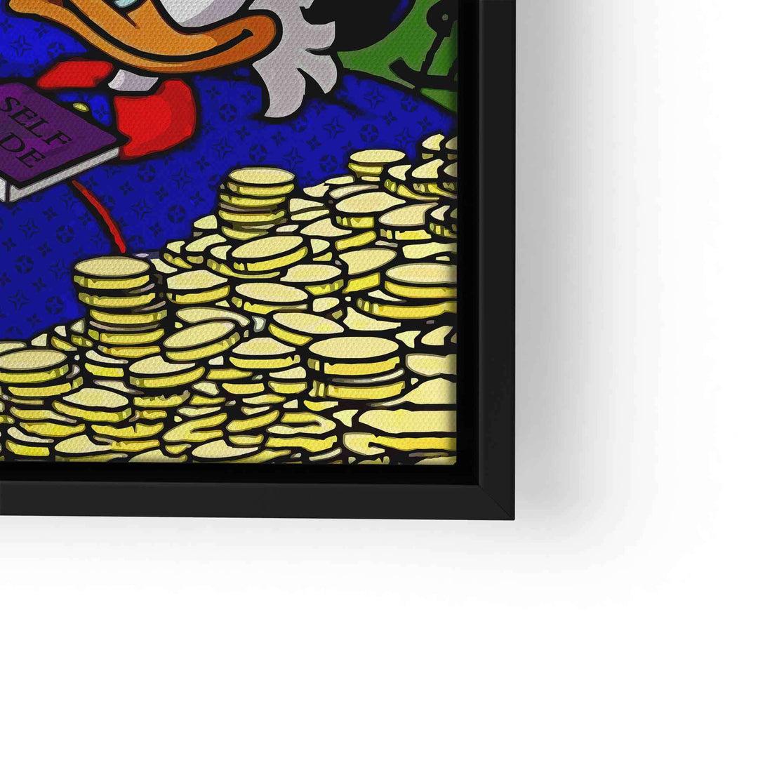Pop Art Wandbild mit Comic-Ente, vielen Goldmünzen und Buch, als Leinwand gerahmt