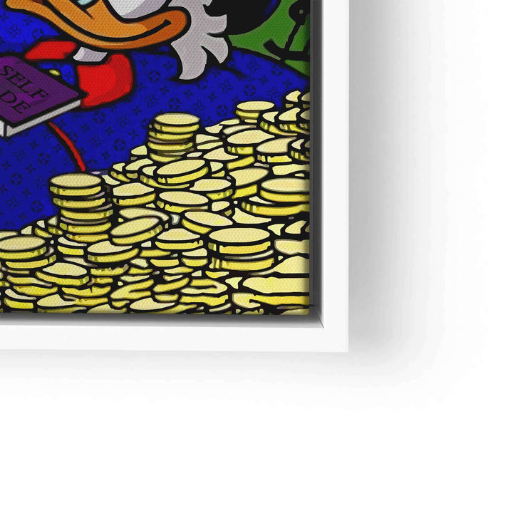 Pop Art Wandbild mit Comic-Ente, Geldmünzen und Luxusmotiv, gerahmt