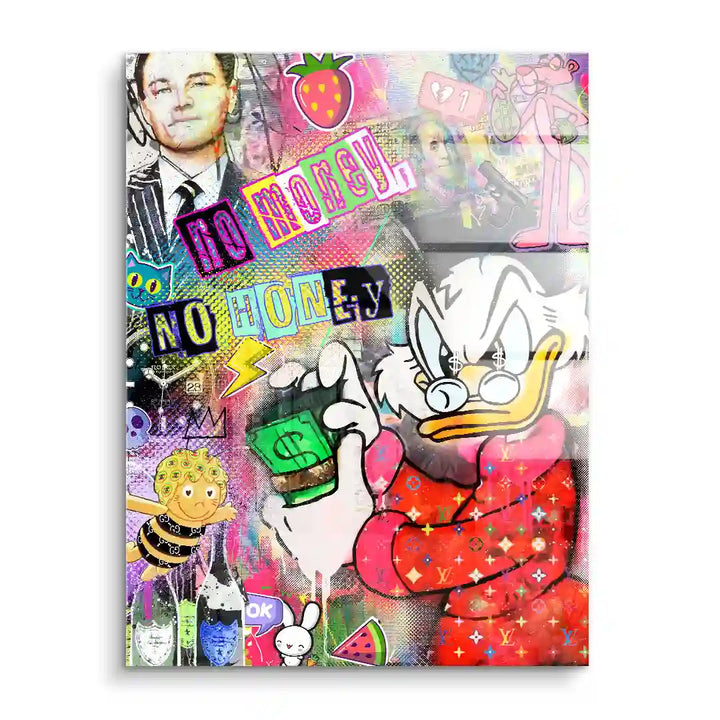 Pop Art Wandbild mit Comic-Ente beim Geldzählen, bunte Grafiken und Spruch No Money No Honey