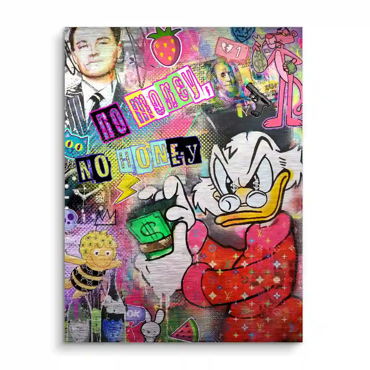 Pop Art Wandbild mit Comic-Ente, Geldscheinen und bunten Collage-Elementen, modern