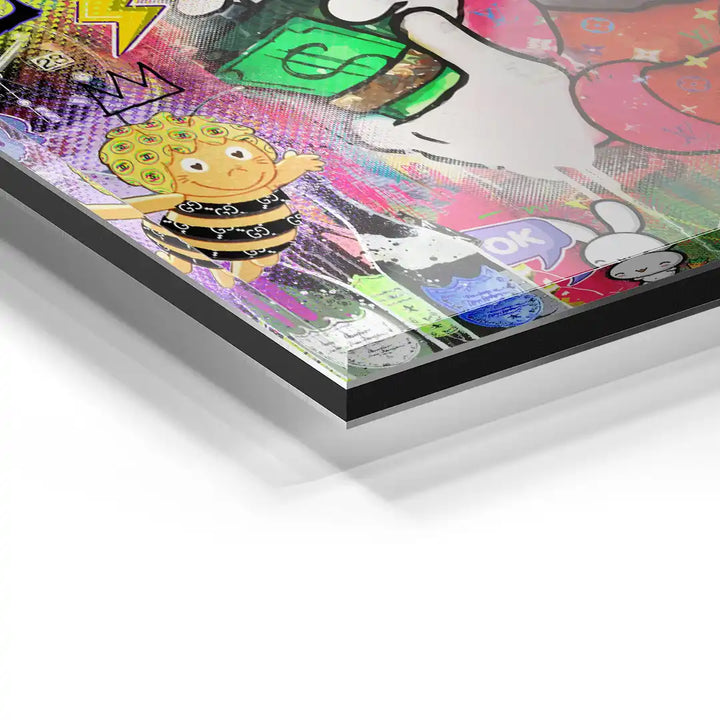 Buntes Acryl Wandbild im Pop Art Stil mit Cartoon-Figuren und Geldschein-Motiv, modern dekorativ.