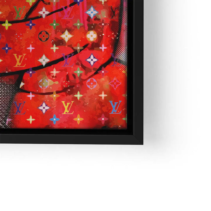 Modernes Pop Art Wandbild Detail mit kräftigen Rottönen und bunten Muster-Elementen im schwarzen Rahmen