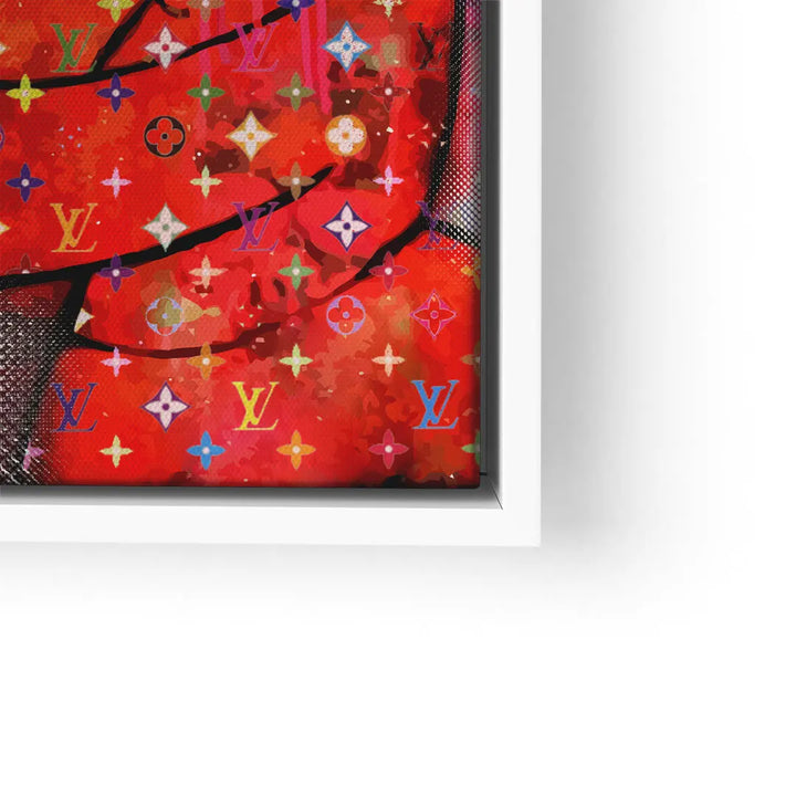 Modernes Wandbild mit rotem Comic-Motiv, bunte Muster und Symbole, Pop Art Stil