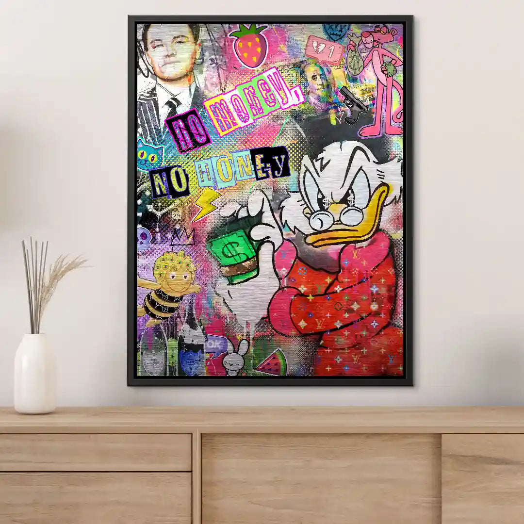 Modernes Pop-Art Wandbild mit Dagobert Duck beim Geldzählen, bunte Collage, Comic-Kunst