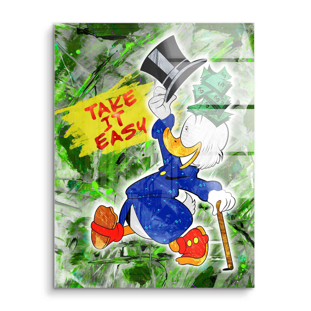 Pop Art Wandbild mit Comic-Ente, Geldscheinen auf dem Kopf, grünem Hintergrund und 'Take it easy'-Schriftzug.