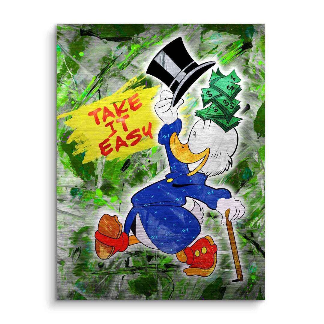 Comic Wandbild mit Zeichentrick-Ente, Zylinder, Geldscheinen, grünem Hintergrund und Schriftzug 'Take it easy'.