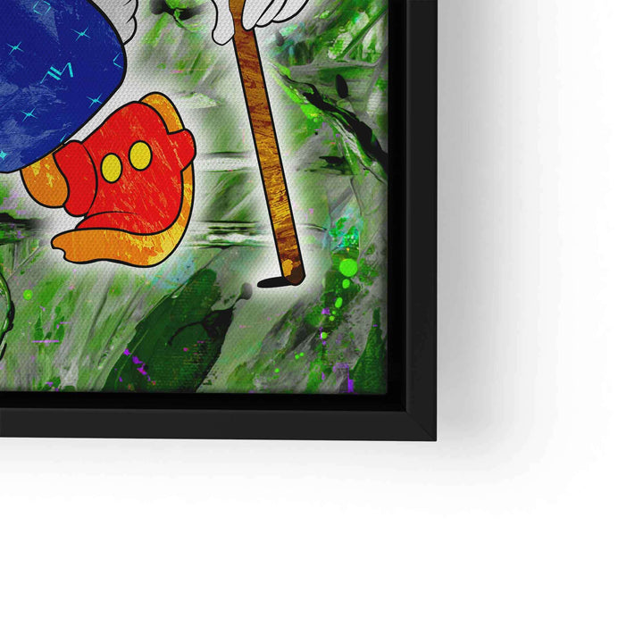 Comic Wandbild mit Ente, Gehstock, orangefarbenen Schuhen und grünem abstraktem Hintergrund