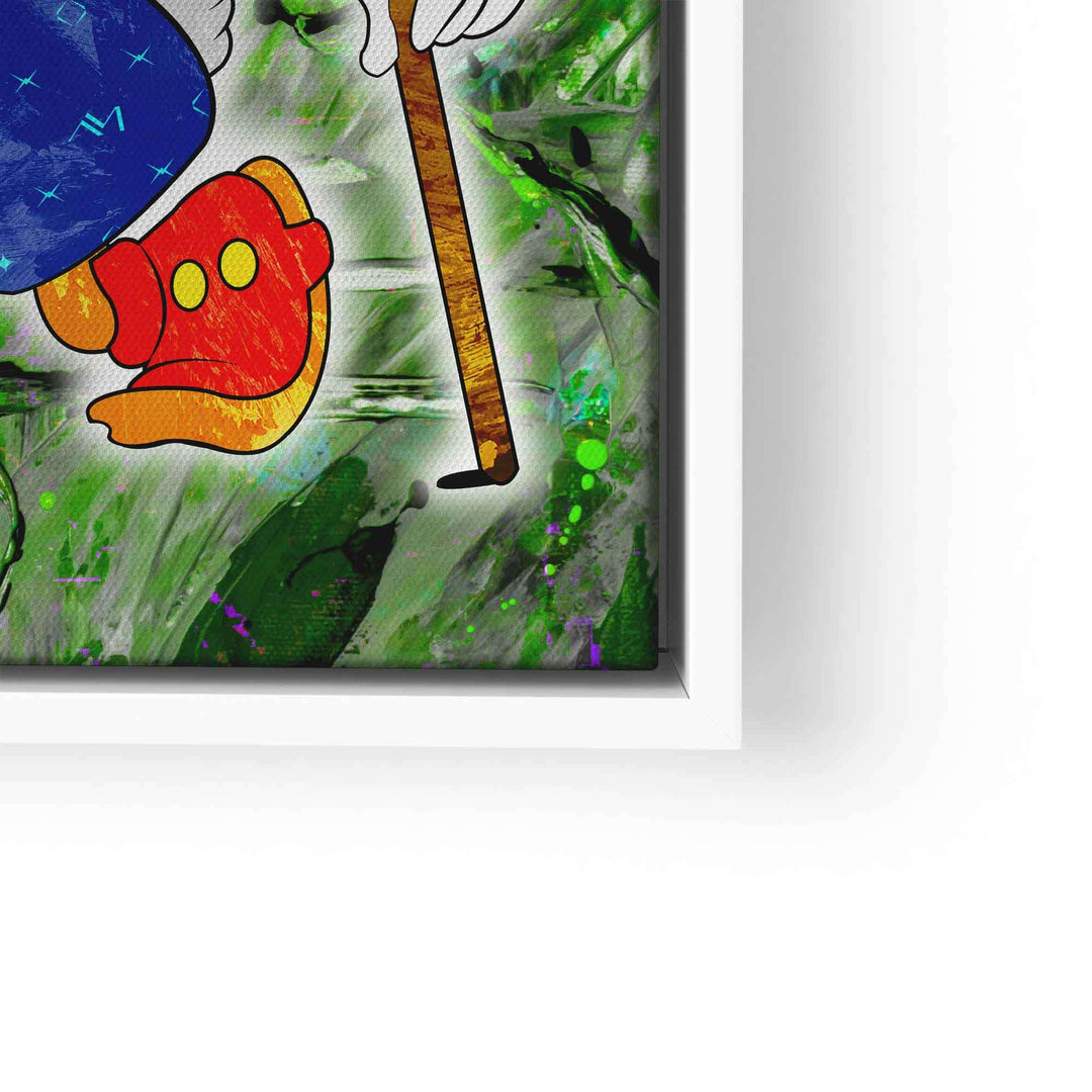 Modernes Wandbild mit Comic-Charakter, Stock und rotem Schuh auf grünem Hintergrund