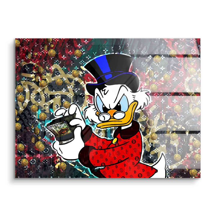 Comic-Wandbild mit reicher Ente im roten Mantel, Geldscheinen und buntem Graffiti-Hintergrund