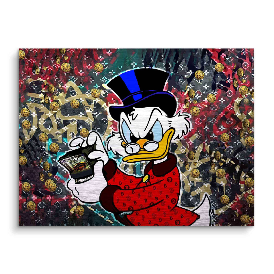 Comic-Ente im roten Mantel mit Geldschein vor buntem, graffitiartigem Hintergrund, Pop Art Wandbild
