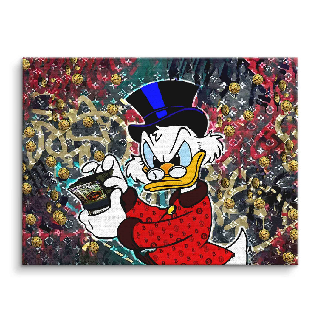 Comic-Wandbild mit reicher Ente, Geldscheinen und Münzen, bunte Pop Art auf Leinwand