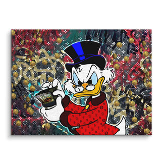 Comic-Wandbild mit reicher Ente, Geldscheinen und Münzen, bunte Pop Art auf Leinwand
