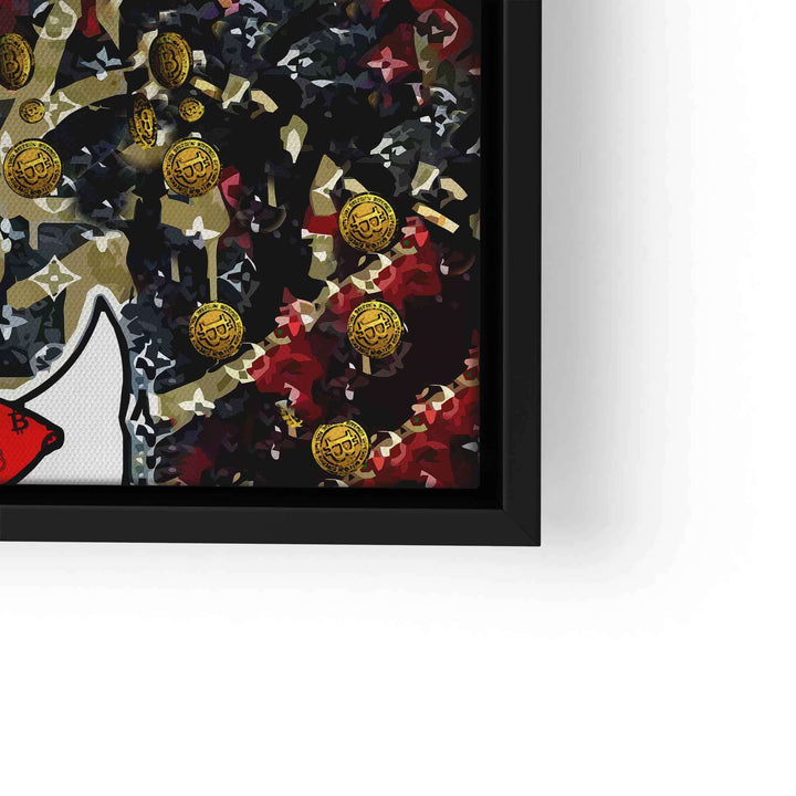 Detail eines bunten Wandbilds mit fallenden goldenen Münzen und modernem Muster