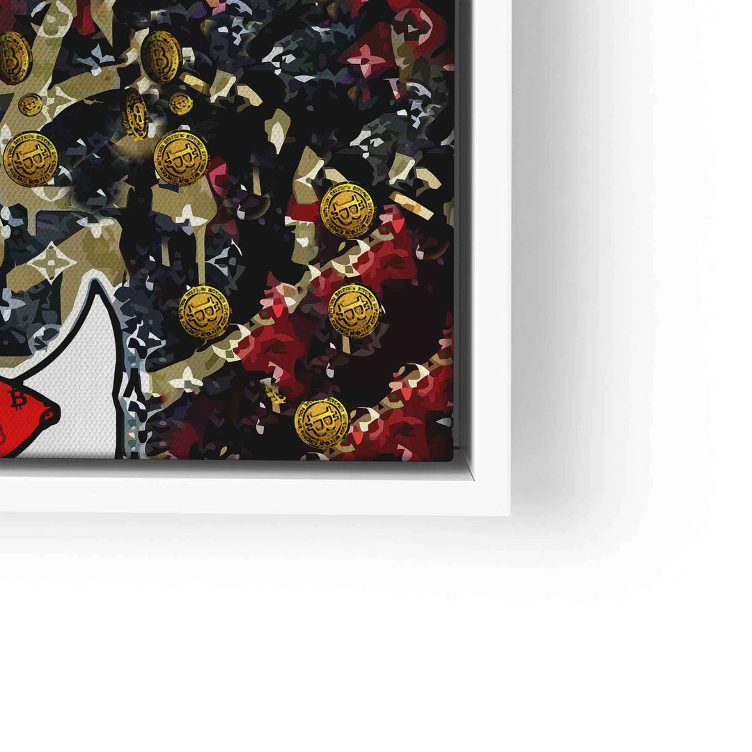 Modernes Wandbild im Comic-Stil mit Goldmünzen und abstrakten Mustern, farbenfroh gerahmt