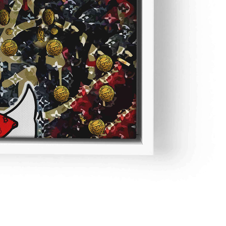 Modernes Wandbild im Comic-Stil mit Goldmünzen und abstrakten Mustern, farbenfroh gerahmt
