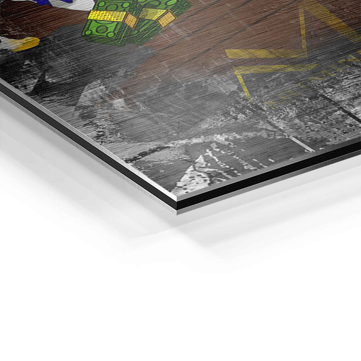 Detailaufnahme Wandbild mit Comic-Geldmotiven auf gebürstetem Aluminium, moderne Kunst