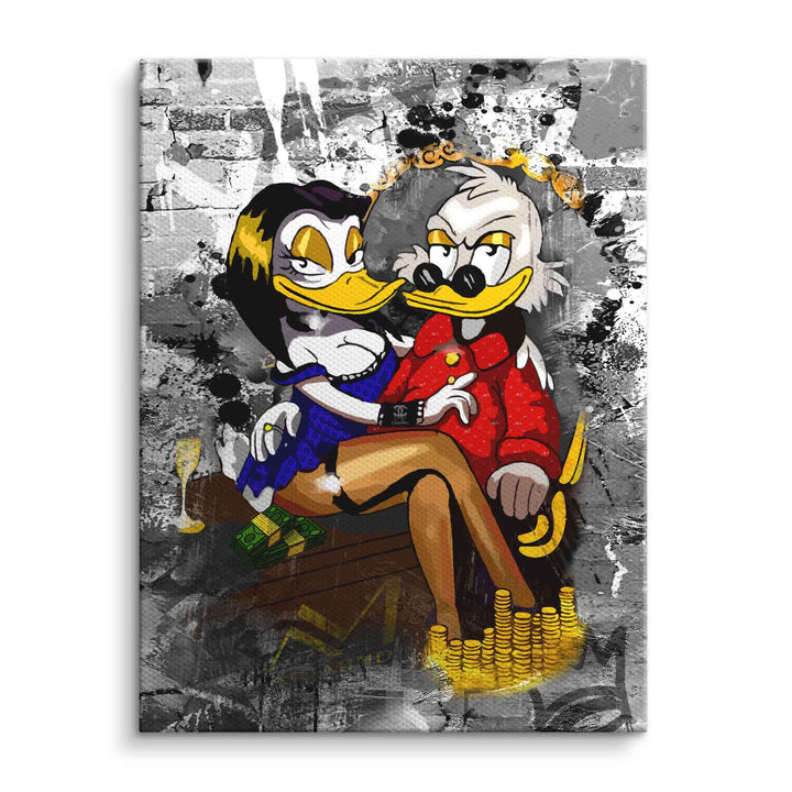Comic Wandbild mit zwei Entenfiguren im Pop Art Stil, Geldscheine und Goldmünzen, Graffiti-Hintergrund