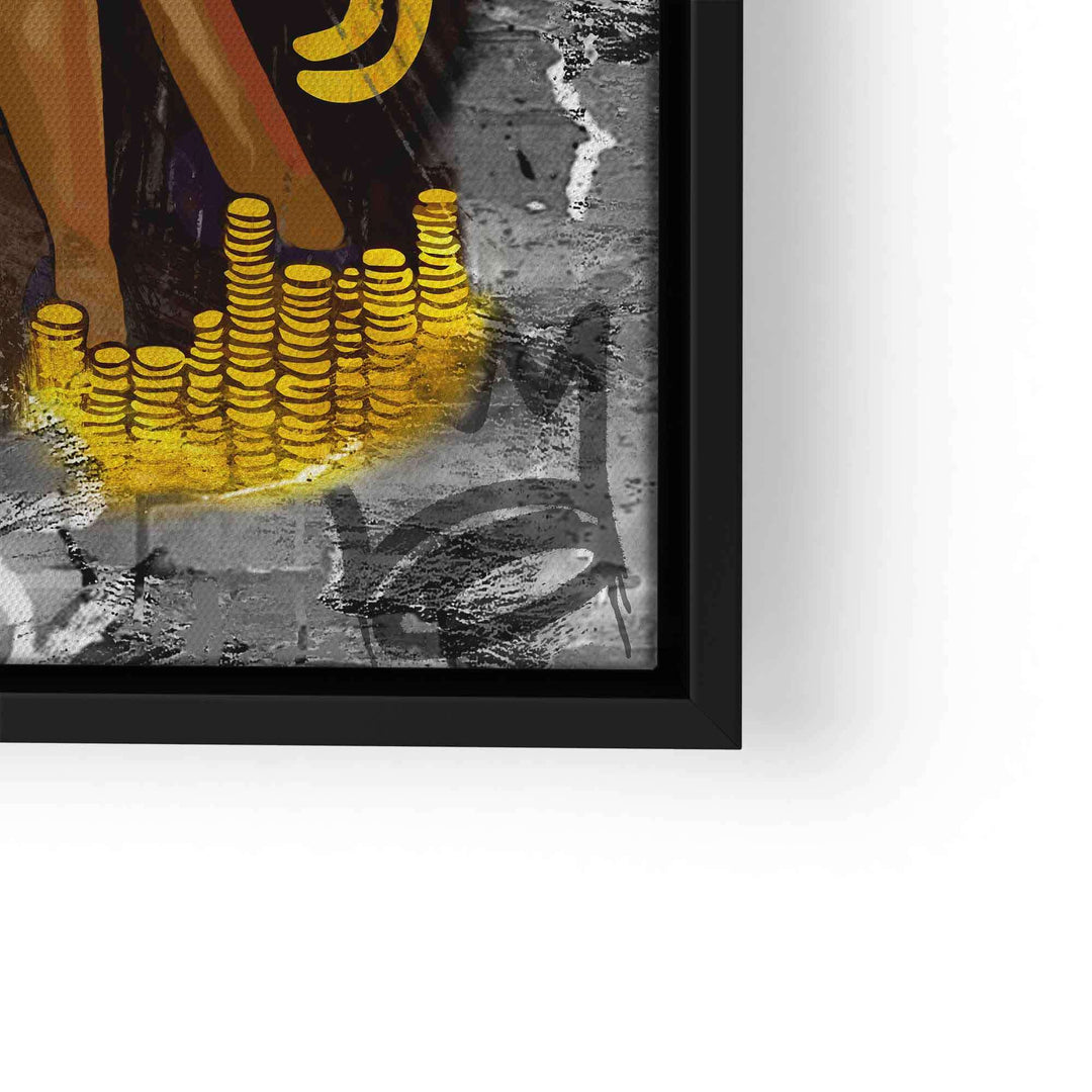 Detail eines Pop Art Wandbilds, goldene Münzen auf grauem, urbanem Hintergrund