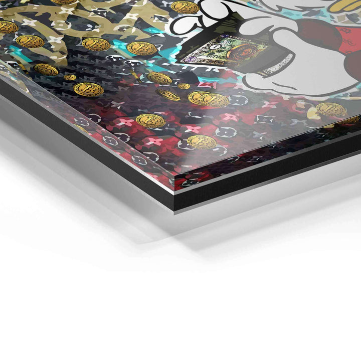 Detail eines bunten Wandbilds auf Acrylglas mit Comic-Hand, Geldschein und Münzen-Motiv