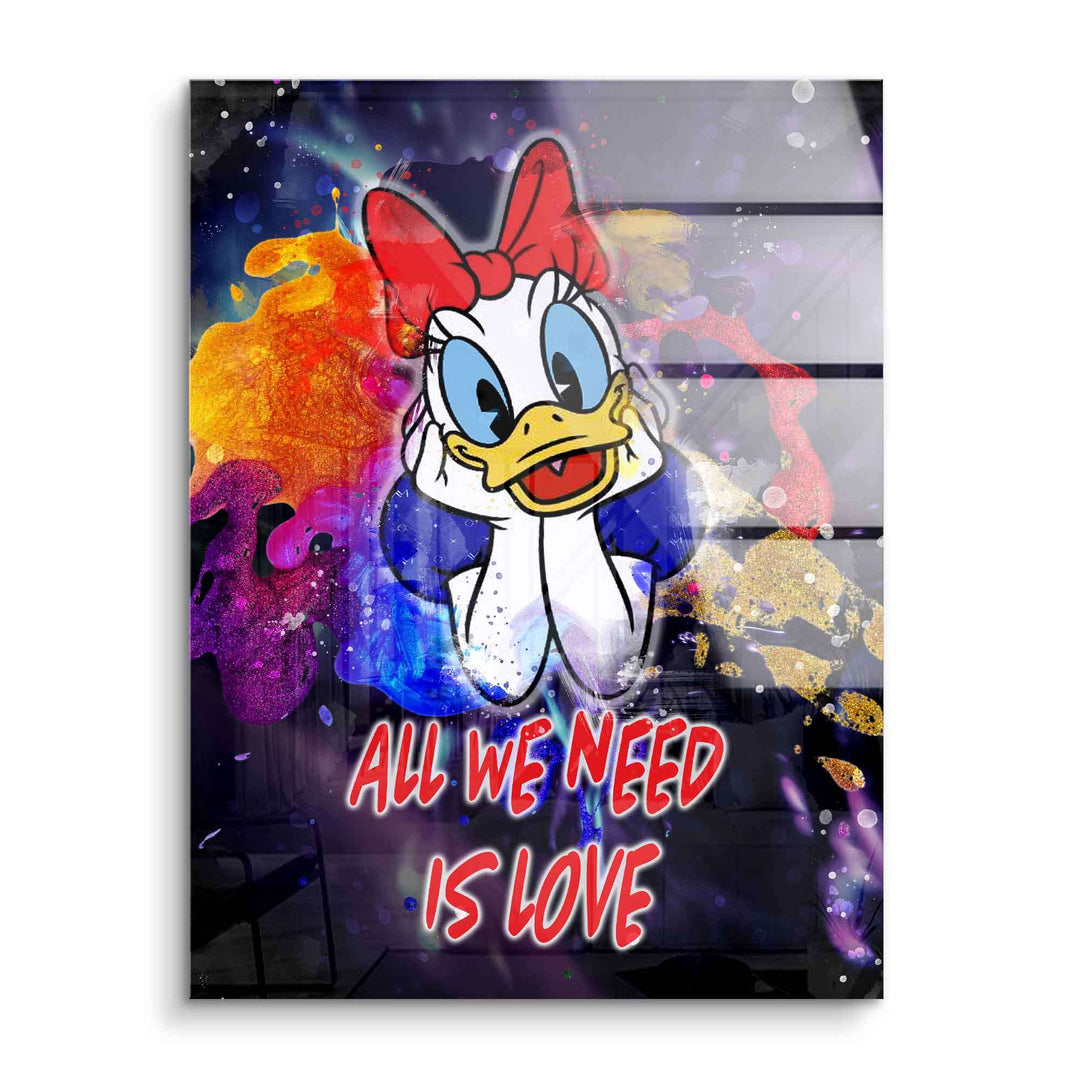 Farbiges Acrylglas-Wandbild mit Comic-Ente, roter Schleife und Schriftzug 'All we need is love'.