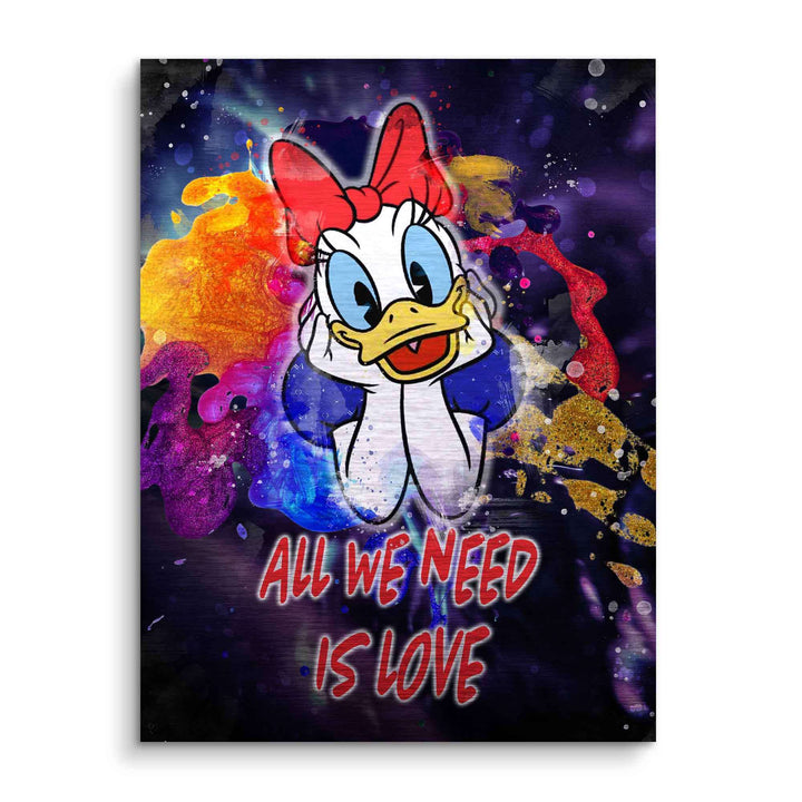 Daisy Duck Wandbild im Pop Art Stil mit buntem Farbklecks und Spruch 'All we need is love'.
