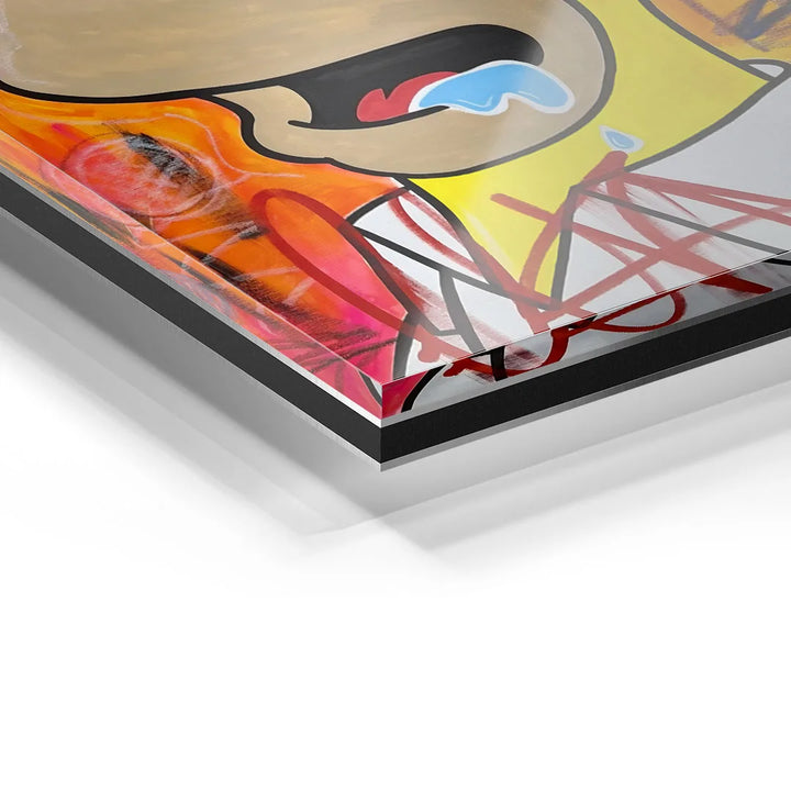 Detail eines bunten Acrylglas-Wandbilds mit Comic-Gesicht und modernen Grafitti-Elementen
