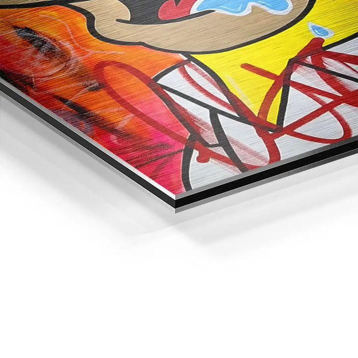 Detailansicht modernes Wandbild mit bunter Pop Art Illustration auf gebürstetem Aluminium