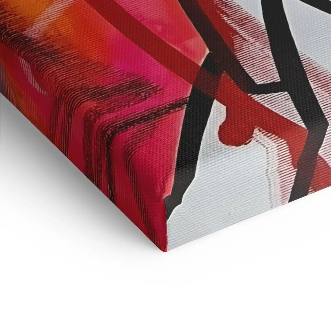 Detailansicht Leinwandbild abstrakte Kunst mit roten und schwarzen Linien auf weißem Hintergrund