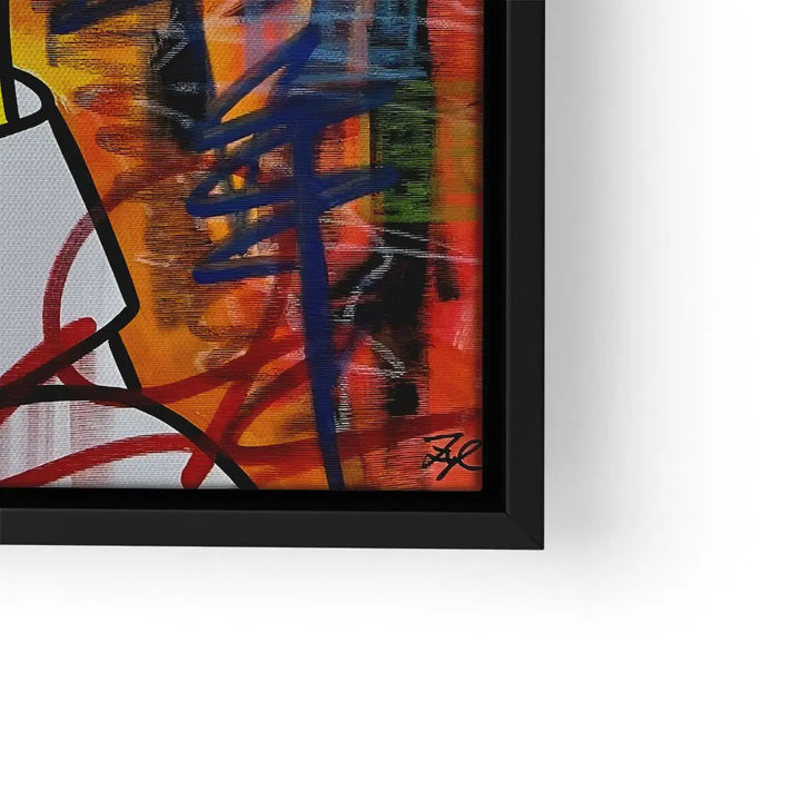 Modernes Wandbild mit abstrakter, bunter Graffiti-Kunst auf Leinwand im schwarzen Rahmen
