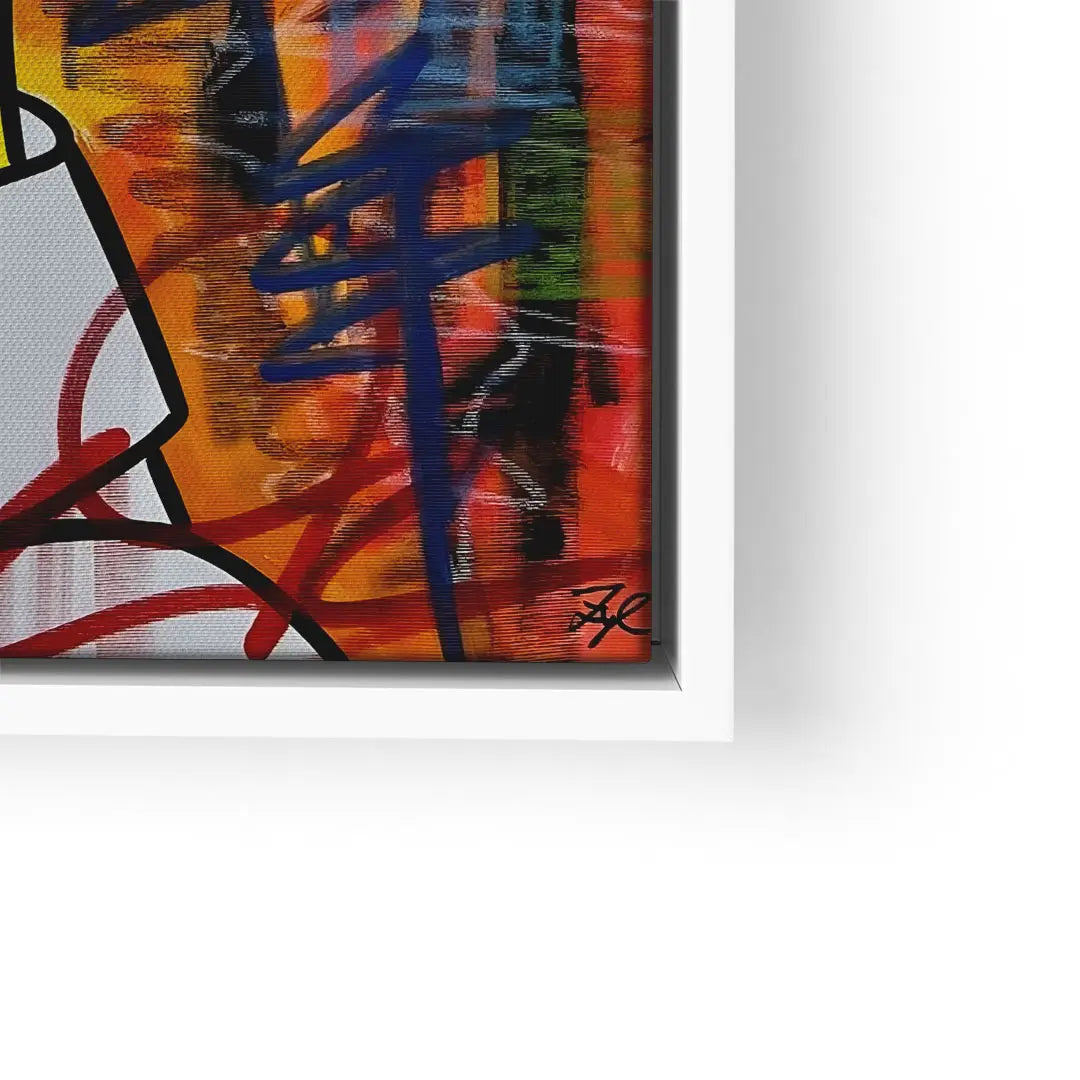 Abstraktes Wandbild mit bunten Farben, Graffiti-Motiven und weißem Rahmen