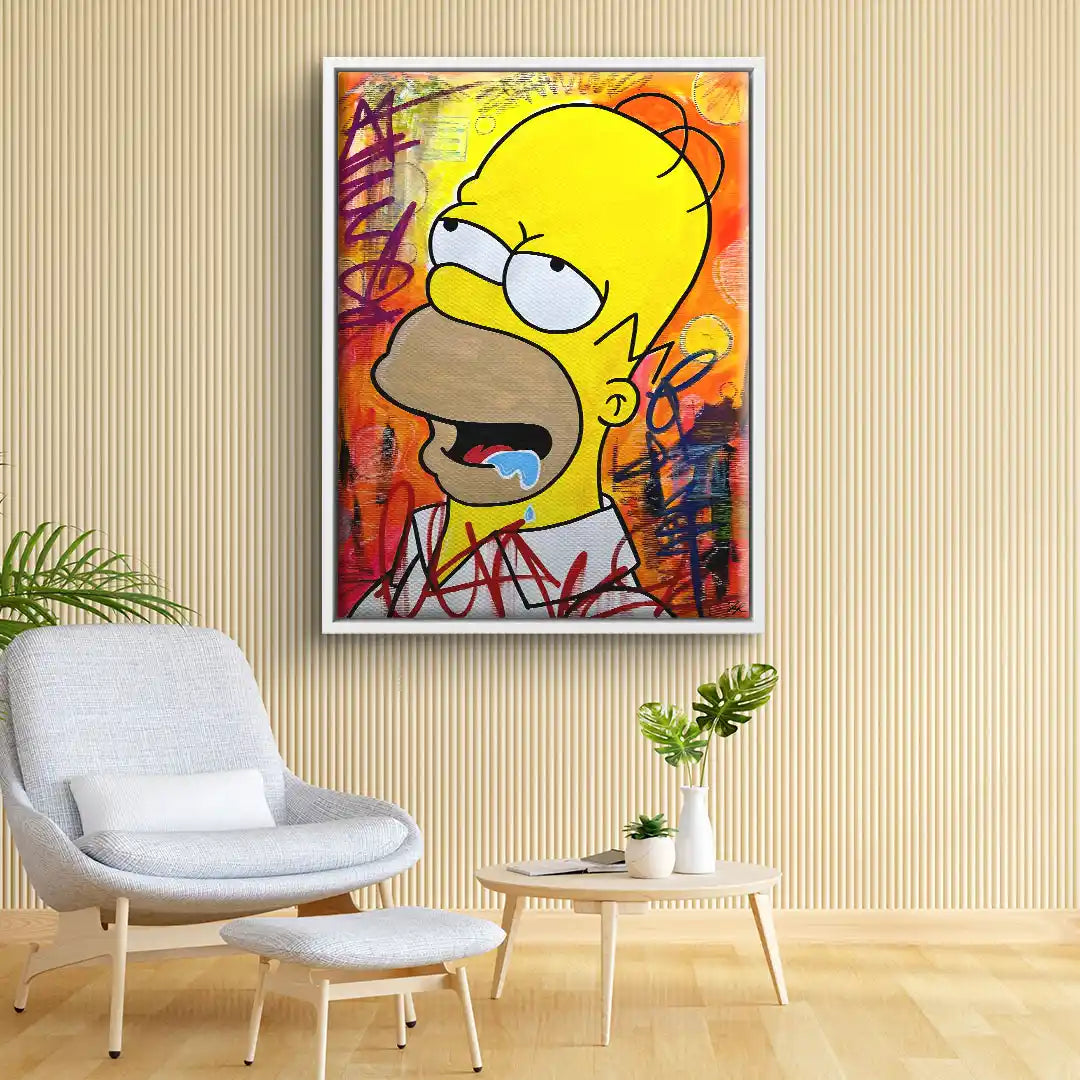Modernes Wohnzimmer mit buntem Pop Art Wandbild Comicfigur auf abstraktem Hintergrund