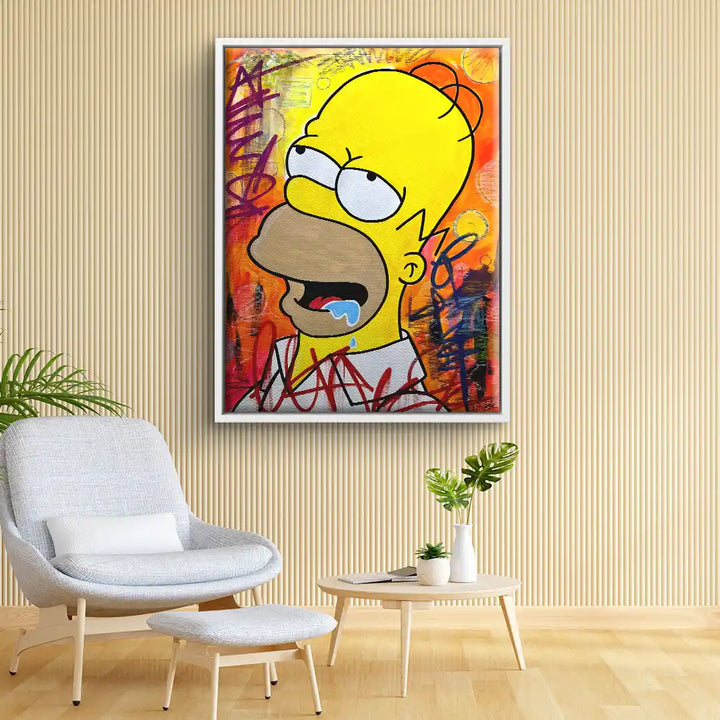 Modernes Wohnzimmer mit buntem Pop Art Wandbild Comicfigur auf abstraktem Hintergrund
