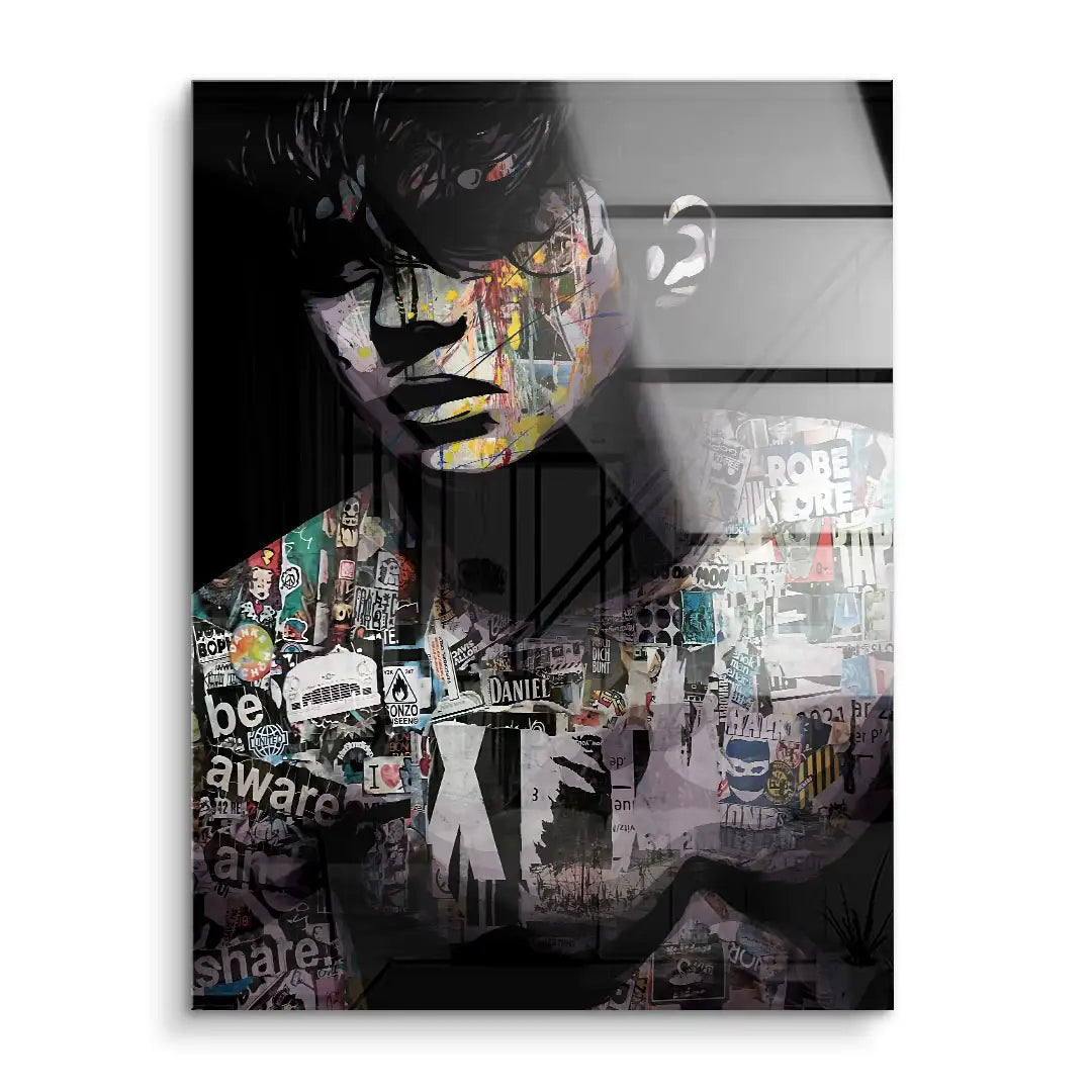 Modernes Acryl Wandbild mit abstraktem Porträt und bunter Streetart Collage