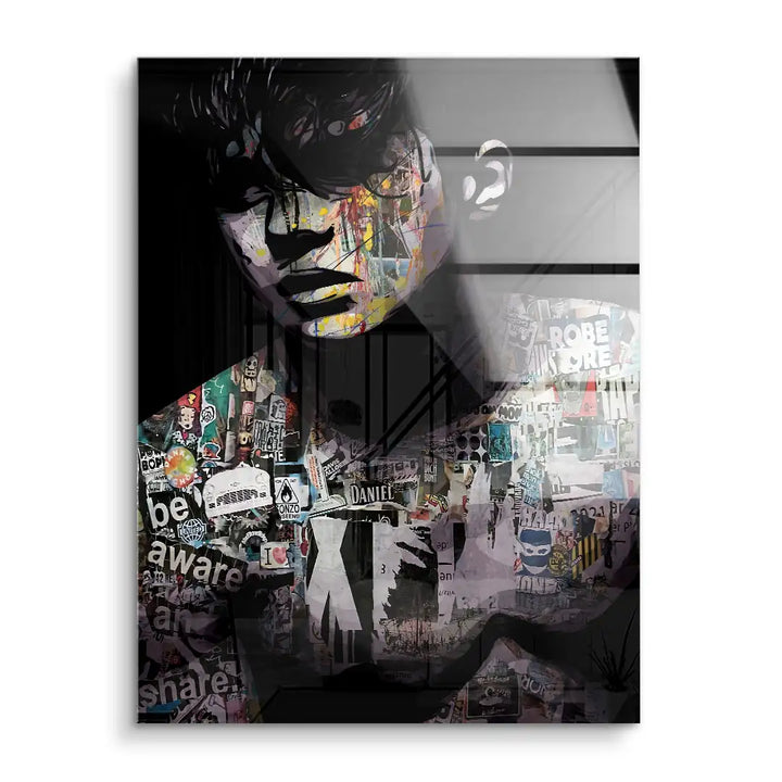 Modernes Acryl Wandbild mit abstraktem Porträt und bunter Streetart Collage