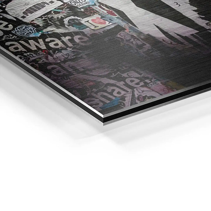 Detailansicht modernes Wandbild auf Aluminium mit Pop Art Collage und Typografie