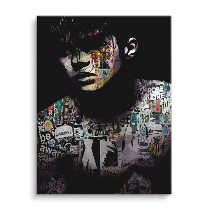 Modernes Wandbild mit Porträt, buntes Street-Art Design auf dunklem Hintergrund, Collage-Stil
