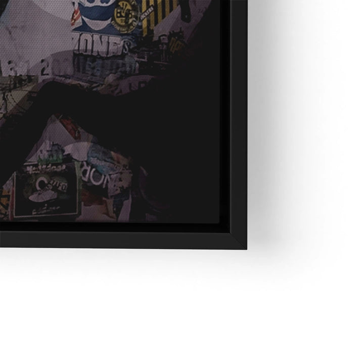 Detail eines modernen Wandbilds mit Collage und Schwarzem Rahmen, Street Art Stil