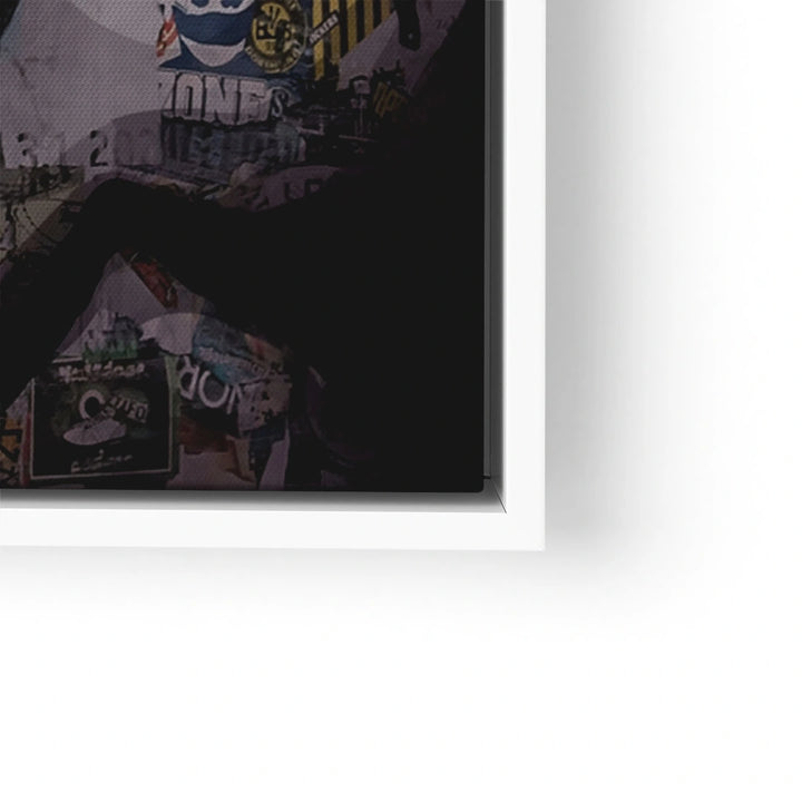 Modernes Wandbild mit abstraktem Collage-Design, Pop Art Elementen und schwarzem Rahmen.