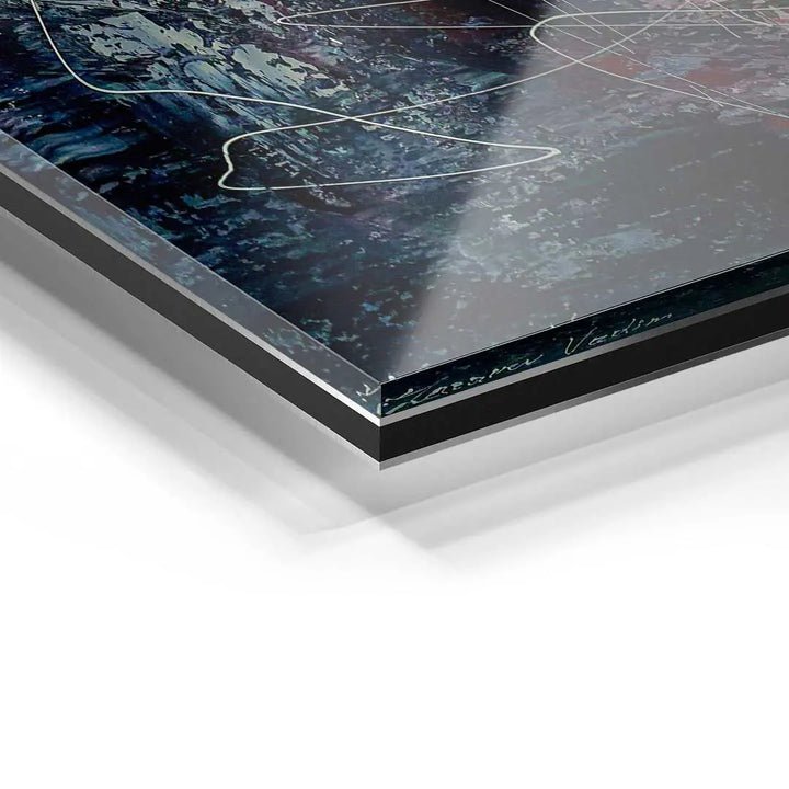 Detailaufnahme eines abstrakten Wandbilds auf Acrylglas mit farbigen Strukturen und feinen Linien.