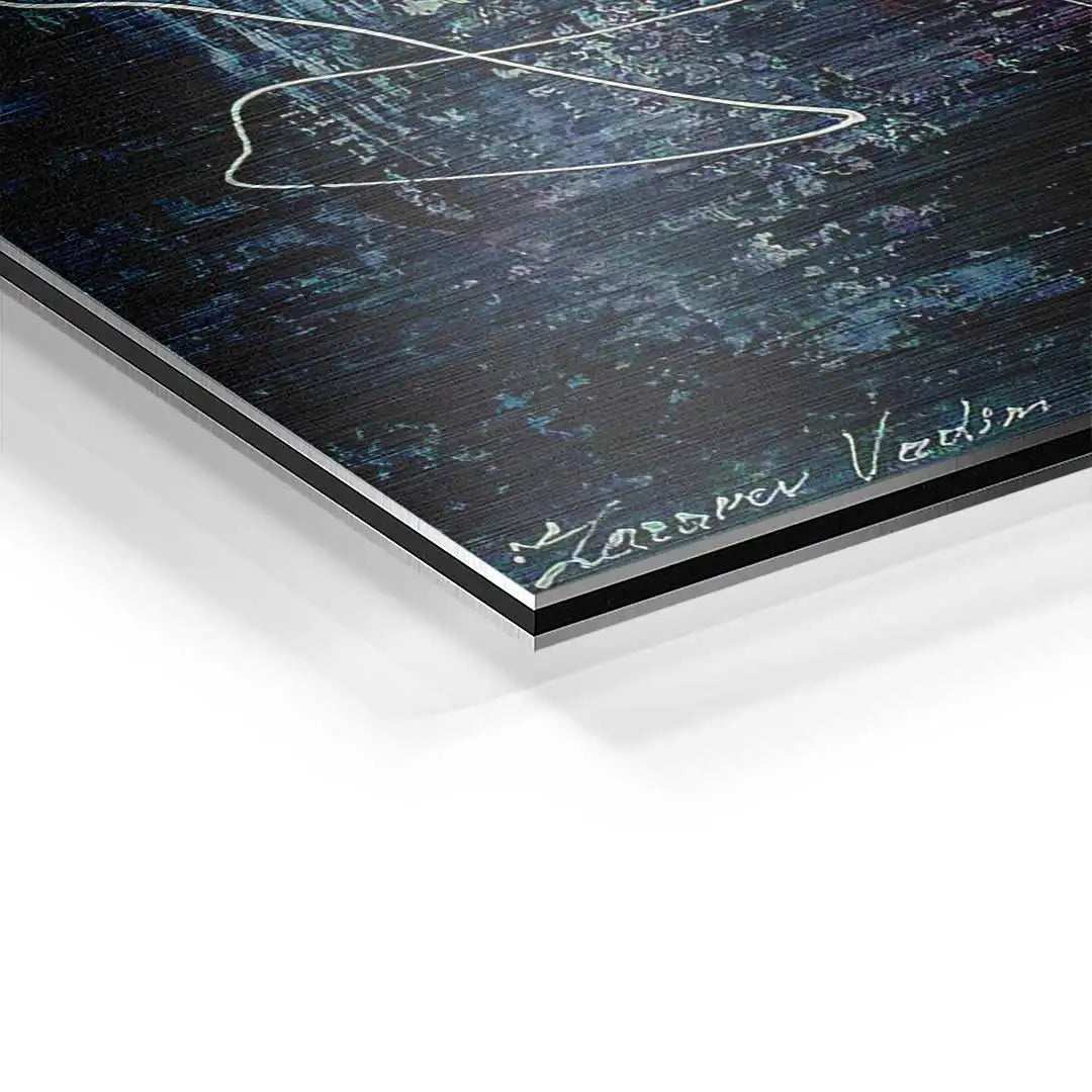 Detailansicht modernes Wandbild auf Aluminium mit abstrakter Kunst und Signatur.