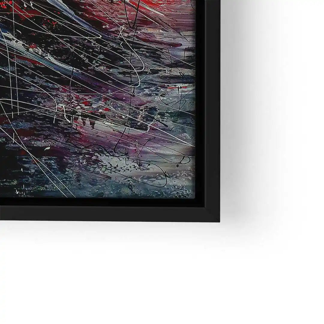 Abstraktes Wandbild in Schwarz, Rot und Lila mit dynamischen Pinselstrichen und weißen Linien