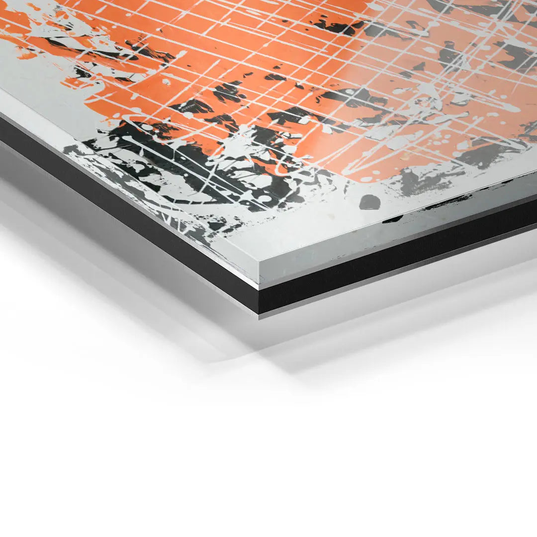Detailaufnahme Acrylglas Wandbild, abstrakte Kunst in Orange, Schwarz und Weiß, moderne Linien