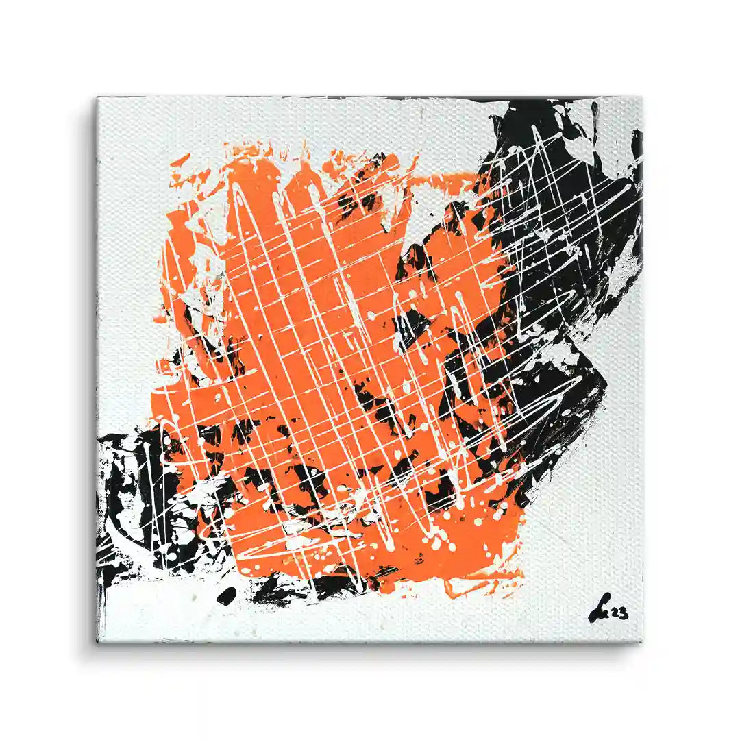 Abstraktes Wandbild mit orangefarbenem und schwarzem Farbfeld auf weißer Leinwand, moderne Kunst