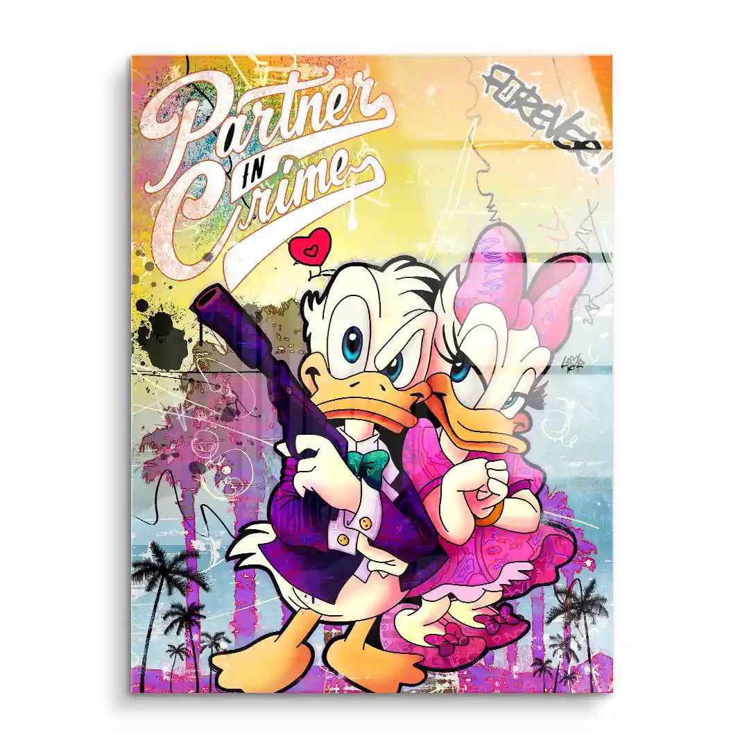 Pop Art Wandbild mit Comic-Ente-Paar, Palmen und Graffiti-Stil, trendige Acrylglas-Kunst